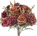 GTIDEA 2 Bundles Artificial Fall Flowers 2 Colors Fake Roses Silk Bouquets with Hydrangea Autumn Faux Flowers Arrangements for Home Fall Wedding Table Centerpieces Party Decor (Orange+Red)