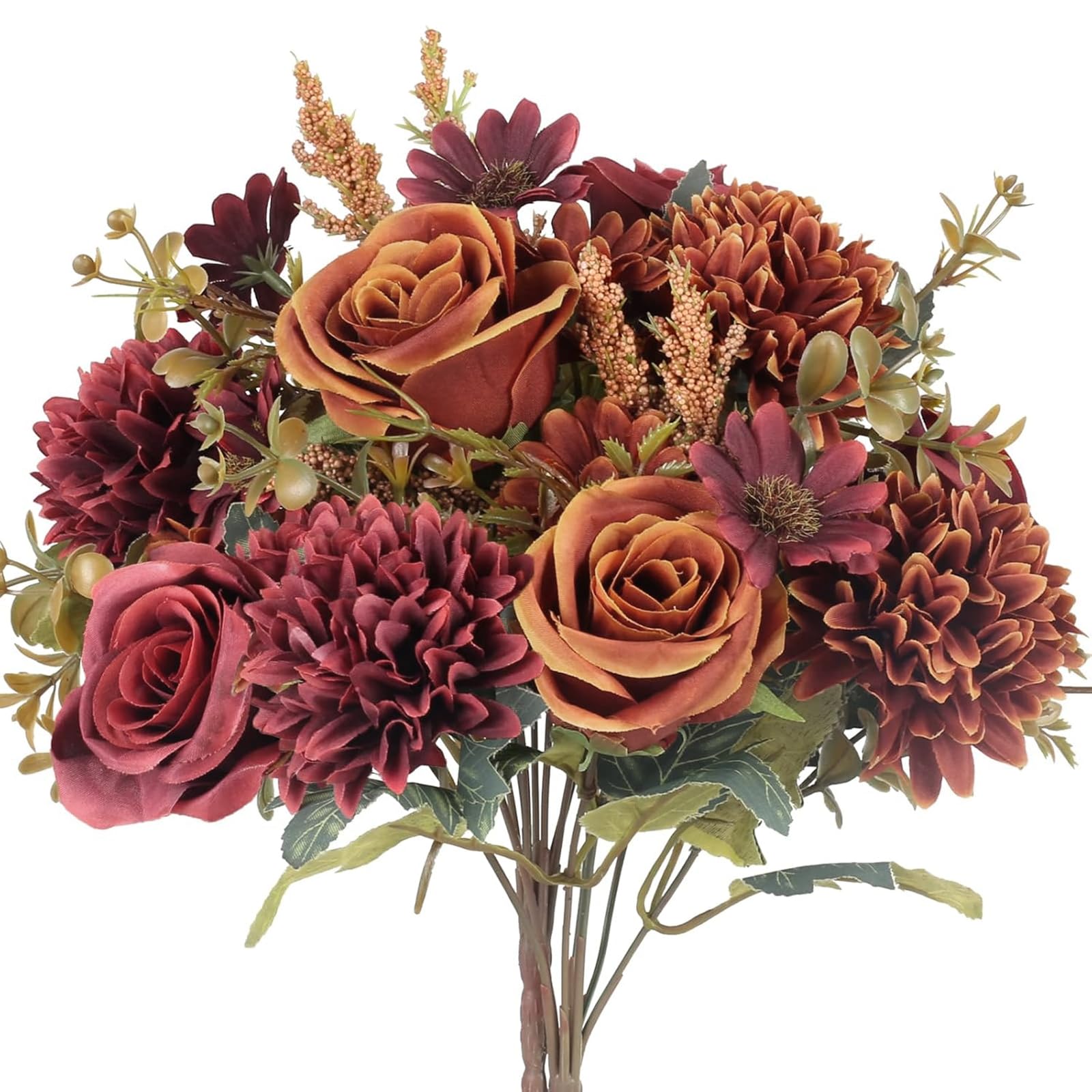 GTIDEA 2 Bundles Artificial Fall Flowers 2 Colors Fake Roses Silk Bouquets with Hydrangea Autumn Faux Flowers Arrangements for Home Fall Wedding Table Centerpieces Party Decor (Orange+Red)