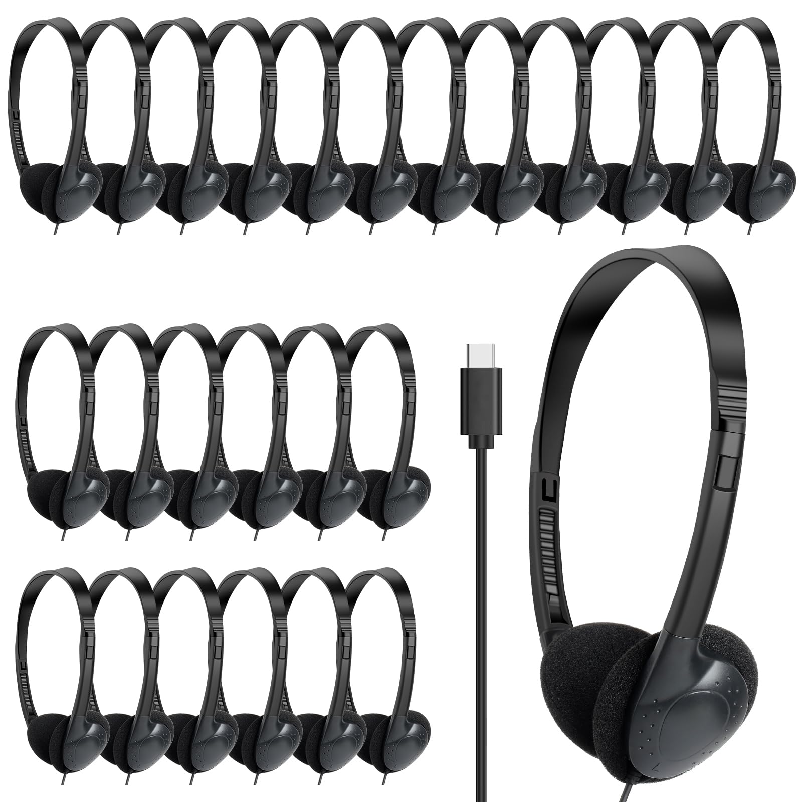 Słuchawki typu C luzem, do klasy, szkoły, dzieci, 30 sztuk, przewodowe słuchawki USB C do szkoły, kompatybilne z podkładkami, smartfony, czarne (B)