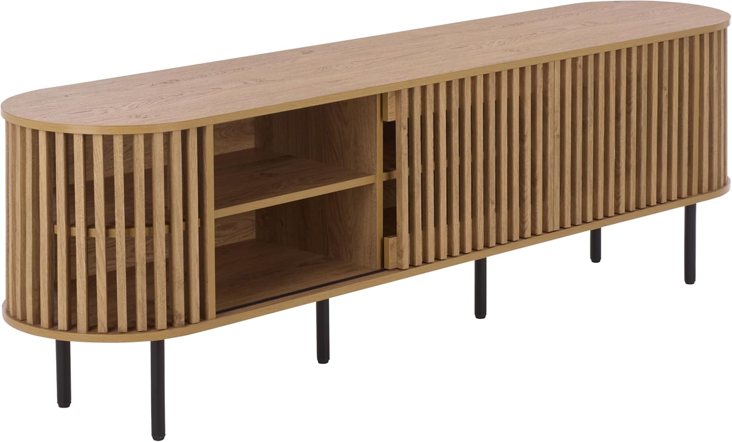 SAFAVIEH Furniture - Kiyoshi Media Stand for TVs up to 75" - Oak & Black 5-Shelf Entertainment Media Console with Slatted Doors, Modern Storage Cabinet (MED3600A)
