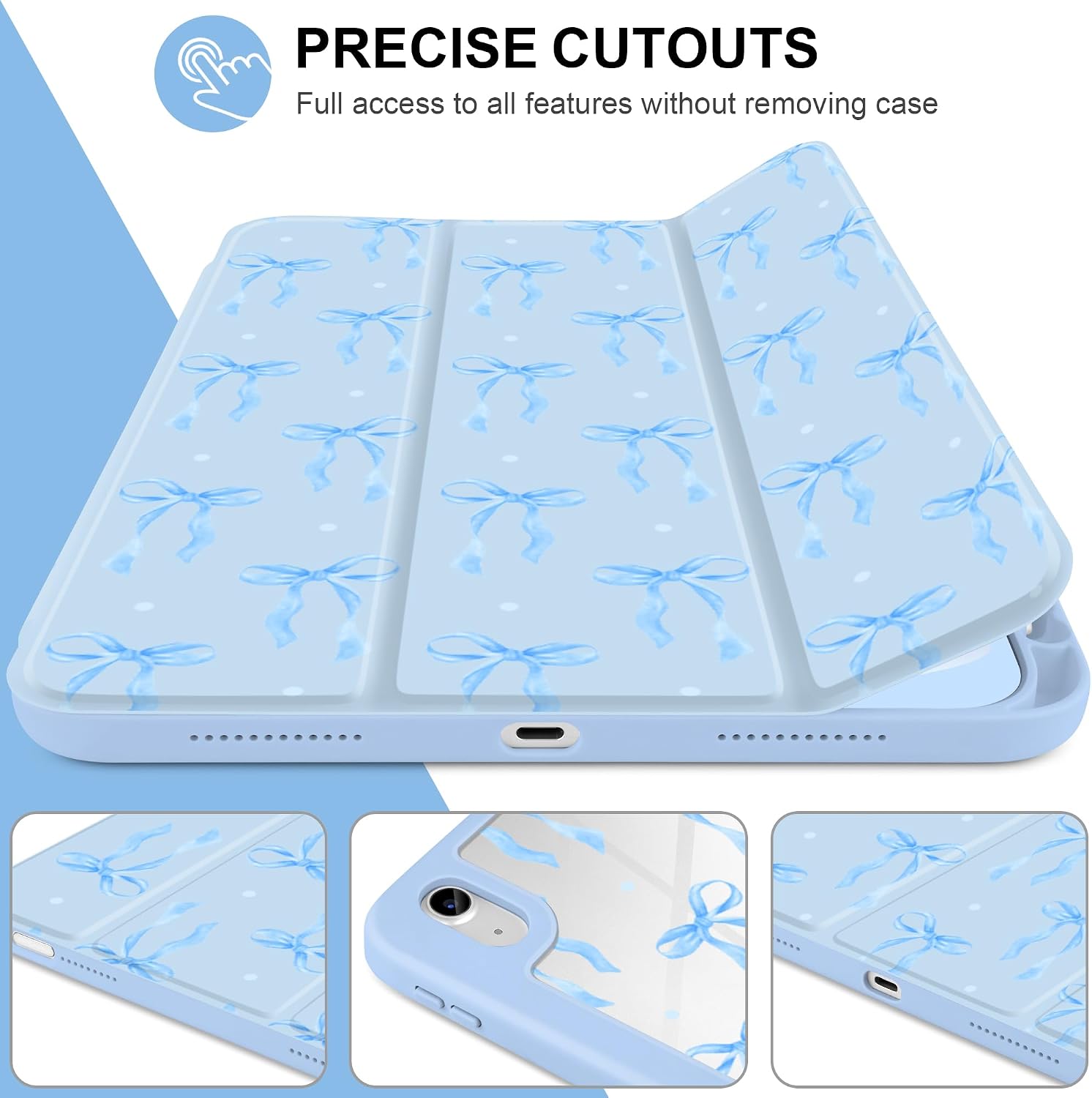 MecBevia Case for iPad 11 inch A16 (2025 11th Generation) / iPad 10.9 inch (2022 10th Gen) A3354, A3355, A3356, A2696, A2757, A2777 – Built-in Pencil Holder & Auto Wake/Sleep, Blue Ribbon Coquette