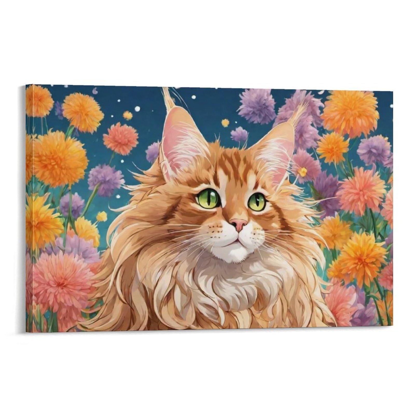 CPLVKWRQJ Cat Single Piece Maine Coon Cat with Flowers Framed Wall Art - Office Canvas Print Fade Resistant Wall Focal Art Decor 20x30inch(50x75cm)