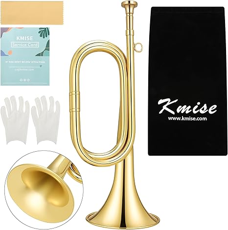 Kmise Bb Brass Bugle, Lightweight Keyless Trumpet Instrument for School Bands, Summer Camps, Team Activities with Storage Bag, Cleaning Cloth, Gloves