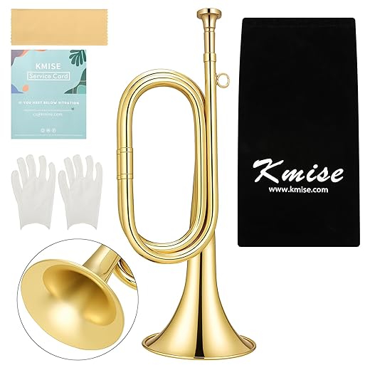 Kmise Bb Brass Bugle, Lightweight Keyless Trumpet Instrument for School Bands, Summer Camps, Team Activities with Storage Bag, Cleaning Cloth, Gloves