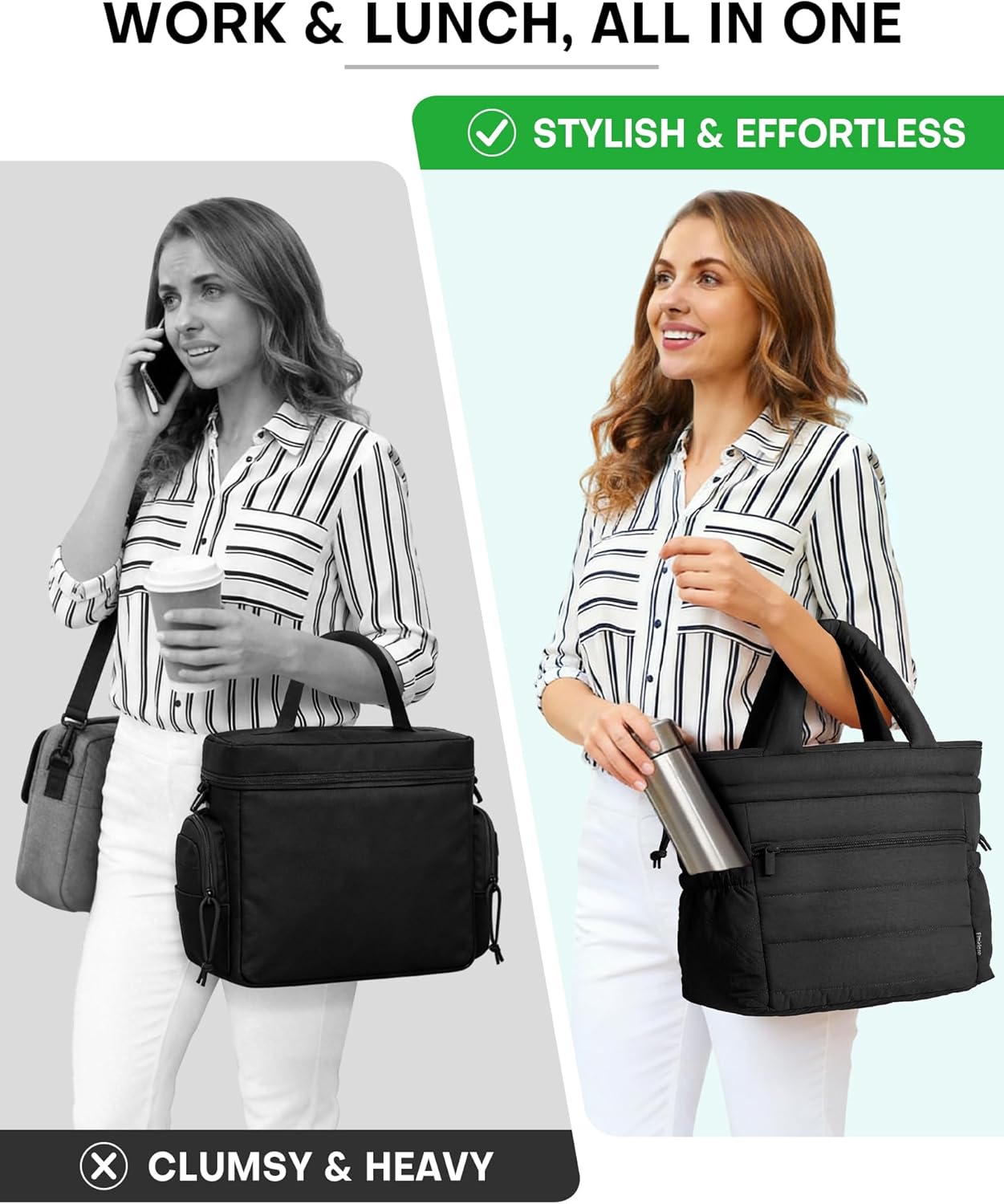 Drawstring Lunch Bag for Women, 12L Soft & Puffy Insulated Lunch Box, Large Lightweight Stylish Leakproof Cooler Tote Bags for Work Picnic Travel,Black