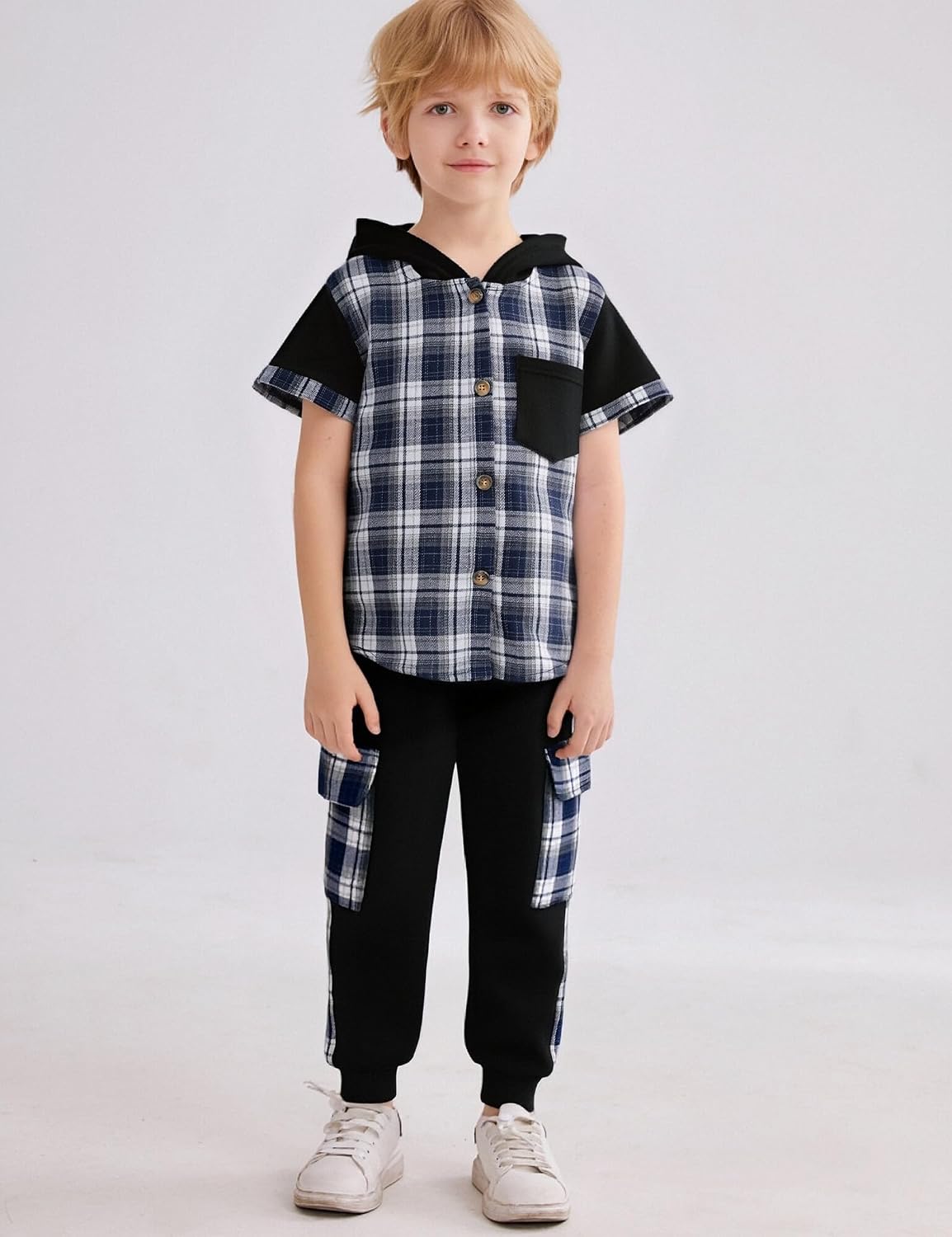 Kids Boy Clothes Plaid Hooded Short-Sleeved Shirt Top and Patchwork design Pants 2Pcs Boys Outfits image 3