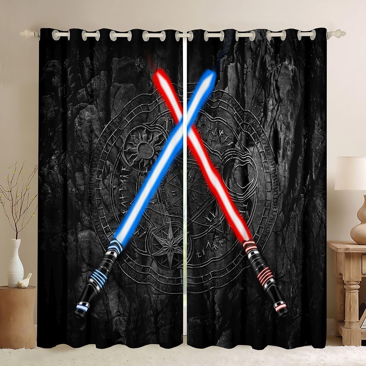 Lightsaber Window Curtain 3D Neon Blue Red Curtains Geometric Sun Moon Round Window Treatment Curtain for Kids Boys Girls Teens Room Decor Fashion Vintage Stone Wall Window Drapes,Black,52Wx84L