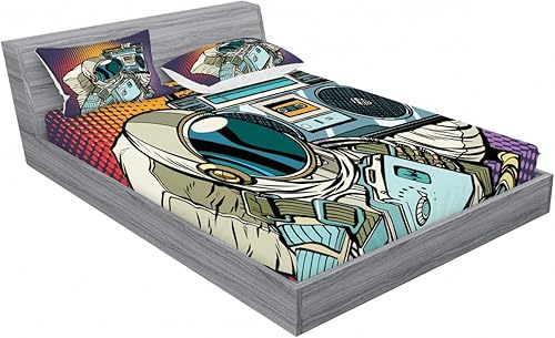 Miniatura 2 de Lunarable Rapper 2 Pack Fitted Sheet & Pillow Sham Set, Astronaut with Retro Boombox, 4 Pcs Bedding Decor, Package Contains 2 Calking Size Fitted