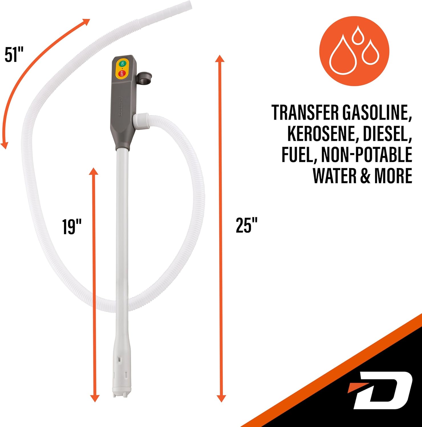 DeWay Battery-Powered Stick Fuel Transfer Pump with Fast 3.2GPM Flow Rate & 51” Clear Transfer Hose for Hands-Free Use | Fits Most Gas Cans for Pumping Gasoline, Kerosene, Diesel & Non-Potable Water