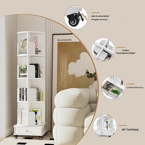 Rotating Bookcase Standing Shelf 360° Freely Rotatable Bookcase Living Room Bedroom 4-Layer Book Shelf with Fabric Drawer and Wheels Bookcase White 40 x 40 x 147 cm