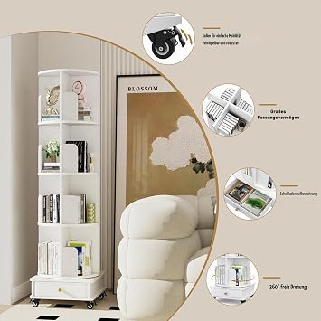 Rotating Bookcase Standing Shelf 360° Freely Rotatable Bookcase Living Room Bedroom 4-Layer Book Shelf with Fabric Drawer and Wheels Bookcase White 40 x 40 x 147 cm