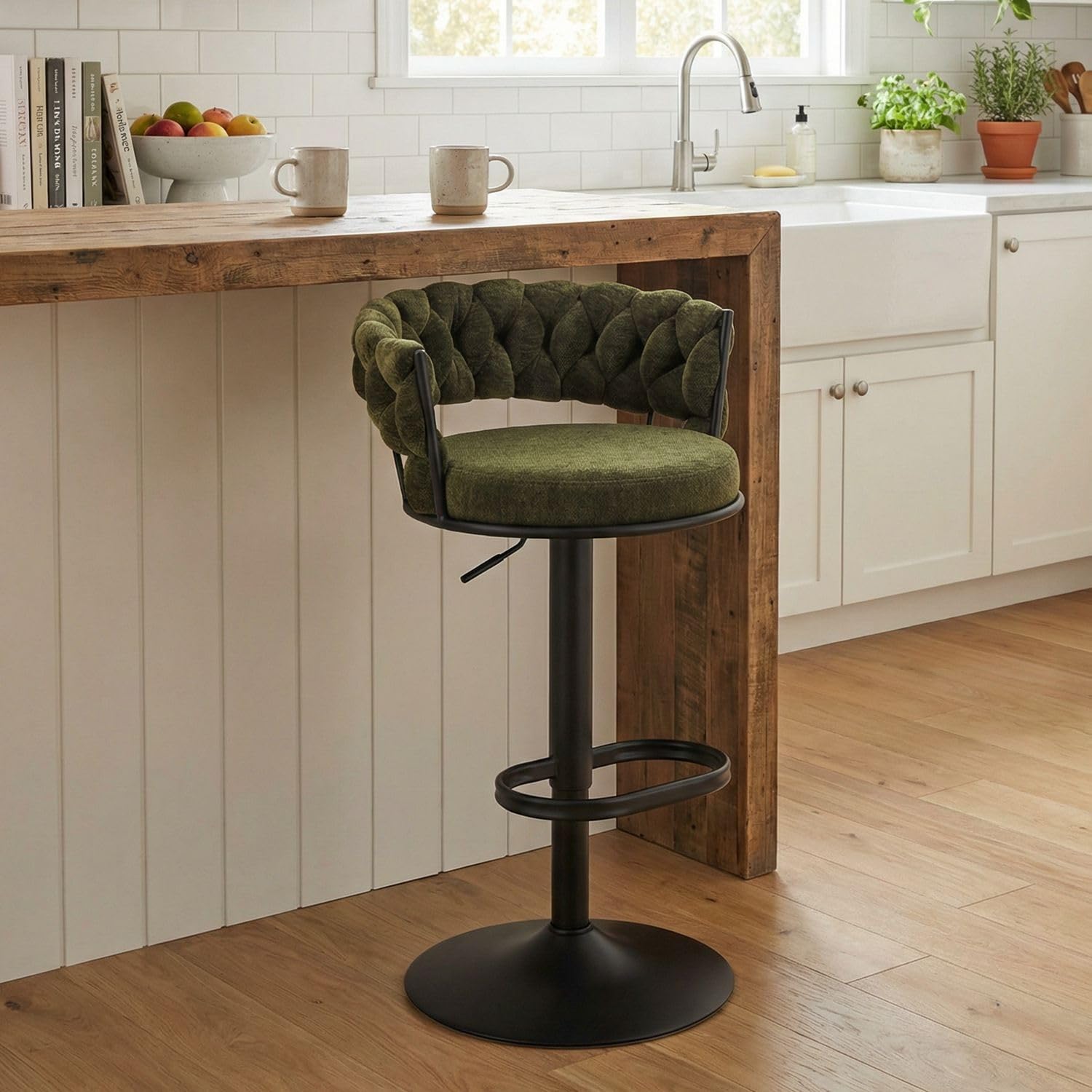 YOUNIKE Bar Stool, Height Adjustable Counter Stool with Woven Back and Armrest, Swivel Bar Chair with Footrest, Chenille Fabric Upholstered Barstool