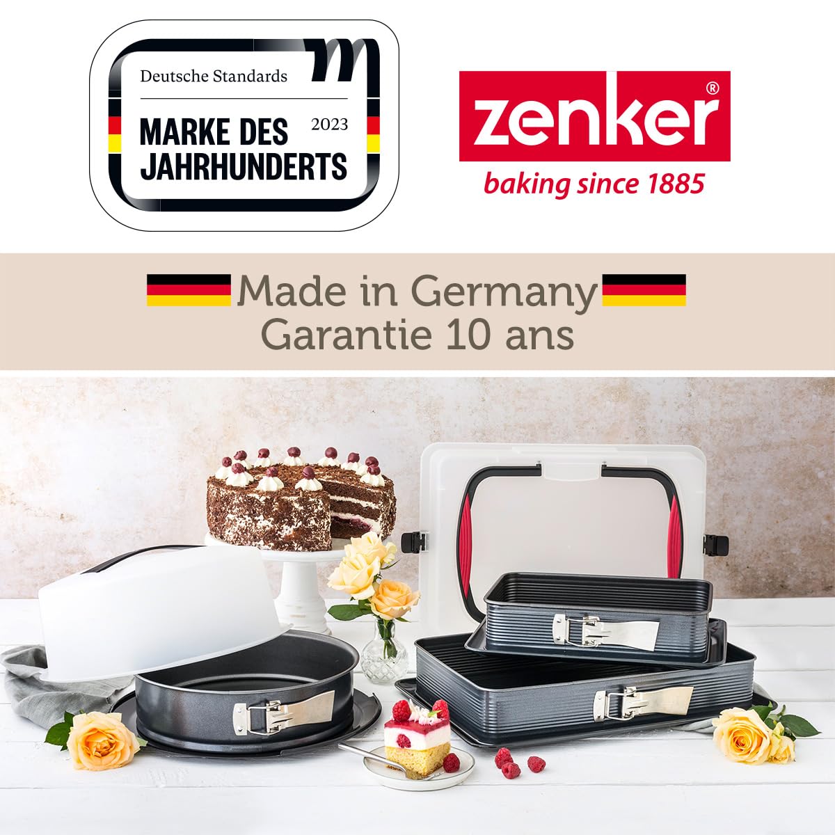 Zenker 7022 Moule à gâteaux rectangulaire à charnière, Moule Rectangle, Plat à Four, Plat à gratin, Moule à gâteaux avec Plateau, Acier émaillé, 42 x 29 cm, Noir