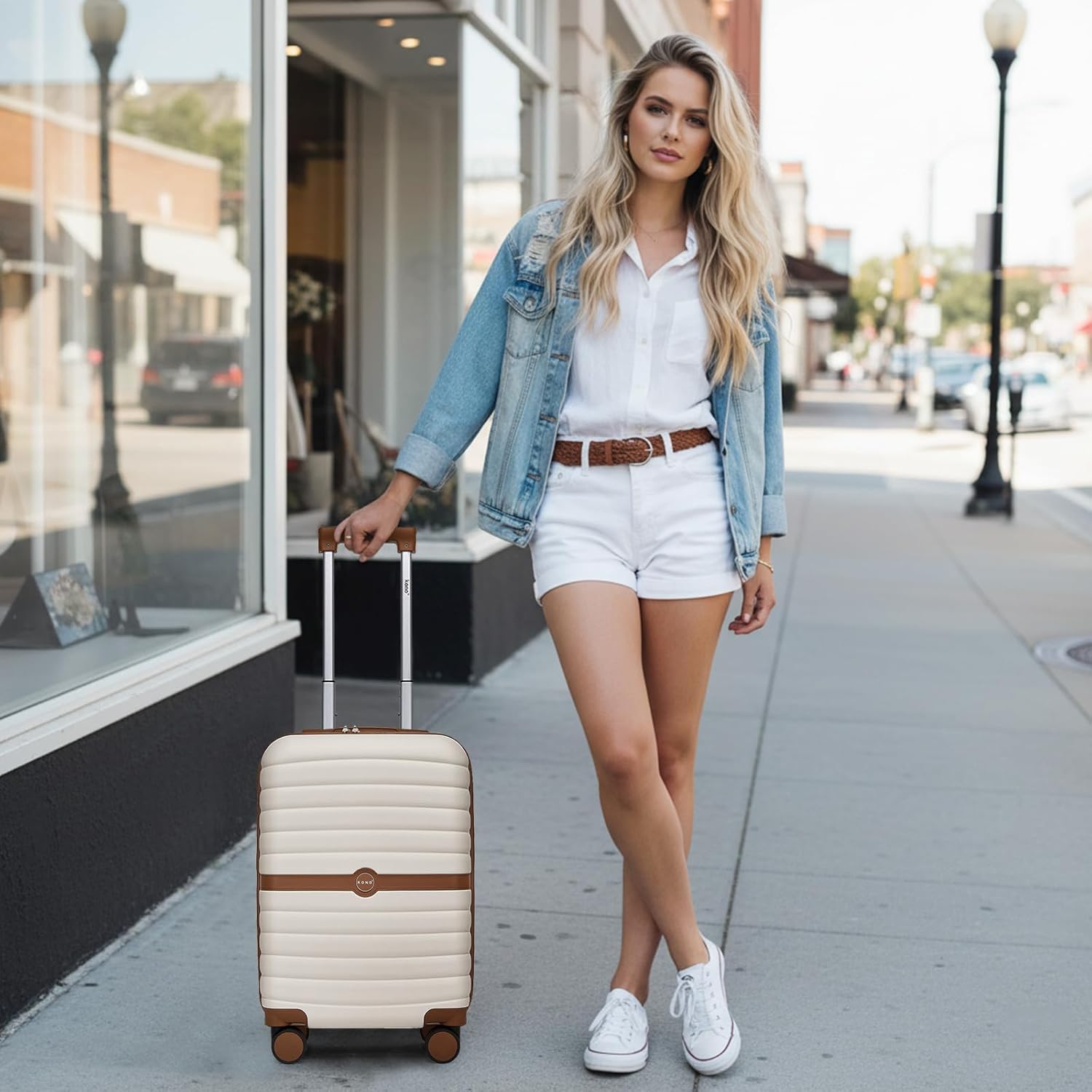 Kono Expandable 28 Inch Luggage with Spinner Wheels, Large Checked Luggage with Lock, Lightweight & Anti-Scratch PC+ABS Hardshell Travel Suitcase, White/Brown White/Brown Checked-Large 28-Inch