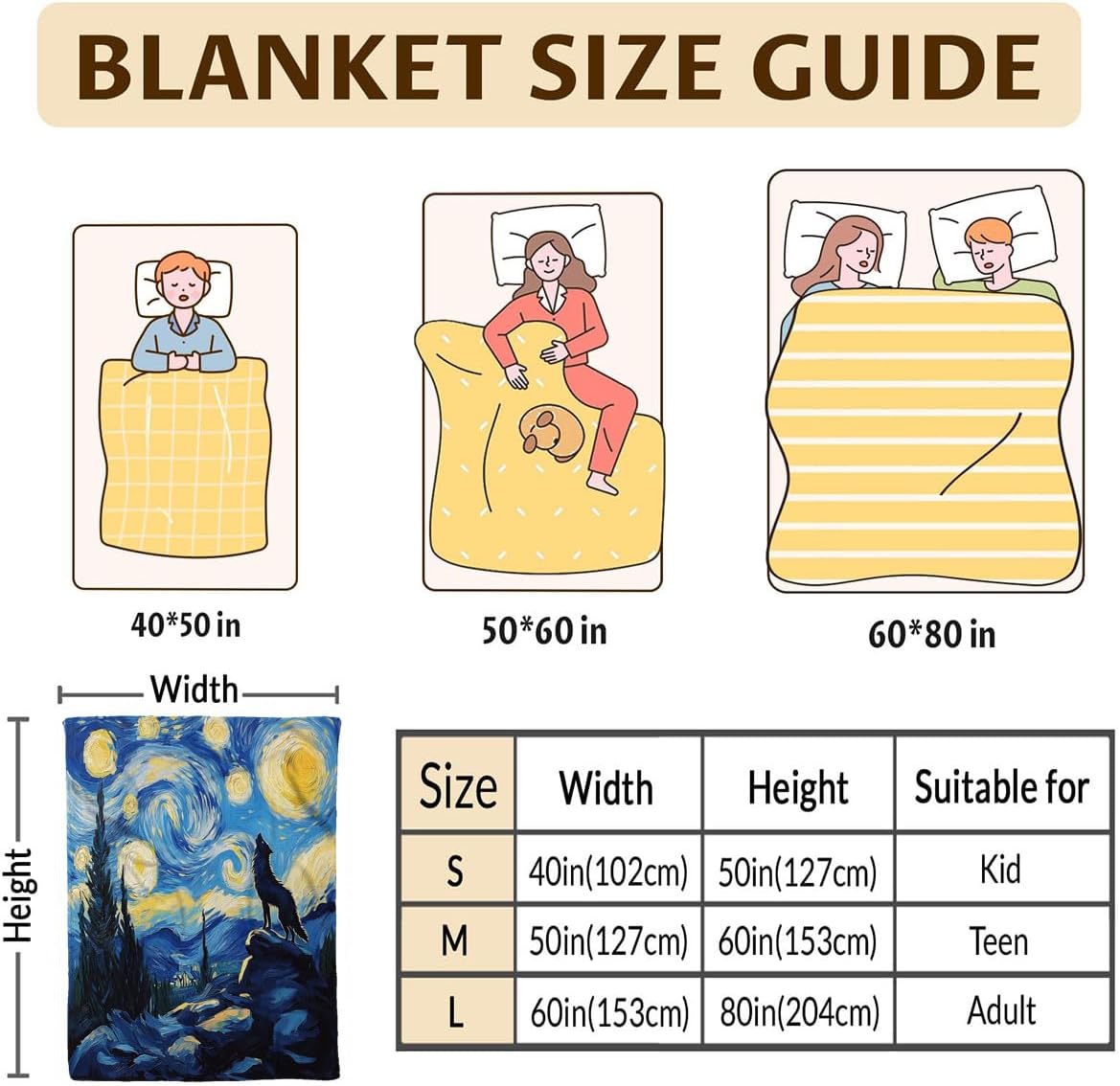 Starry Night Blanket, Abstract Forest Wolf Howling Aesthetic, Soft and Cozy Fleece Blankets, Warm Throw for Women, Ultra Plush Blanket for Bed, Couch & Travel, Perfect Snuggly Gift for Her, 60" x 80"