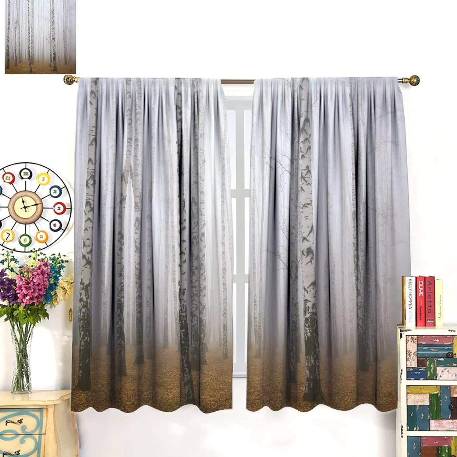 Birch Tree Curtains for Living Room,Morning Mist in Autumn Birch Grove Window Treatments Bedroom Curtain,Home Decor Blackout Drapes W42xL63in