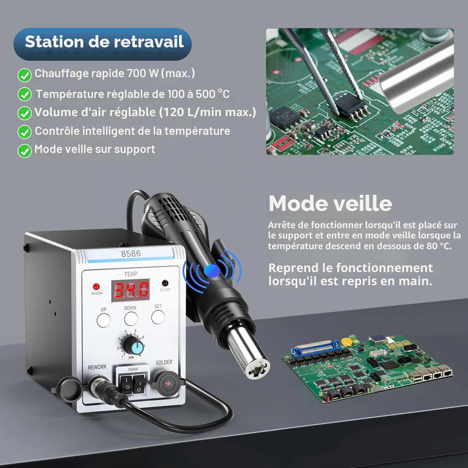 Station de Soudage, 2 EN 1 de 700W Station Soudage à Air Chaud et Fer a Souder avec Contrôle de Température Précis, Affichage LED, Kit de Station pour l'électronique, Projets de Bricolage, Réparation