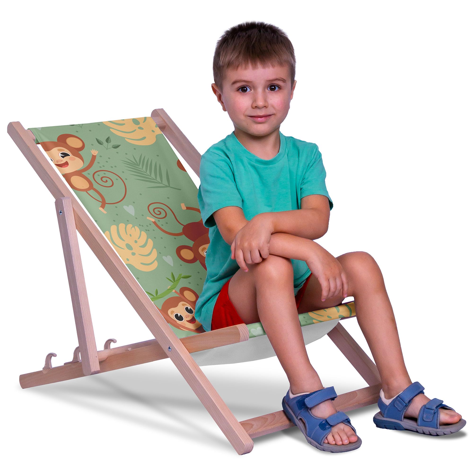 DreamRoots Chaise Longue Enfant en Bois de Hêtre, Chilienne Enfant Pliable, Transat Extérieur Jardin, Plage, Tissu Lavable Polyester 220 g/m², Charge Max 130 kg