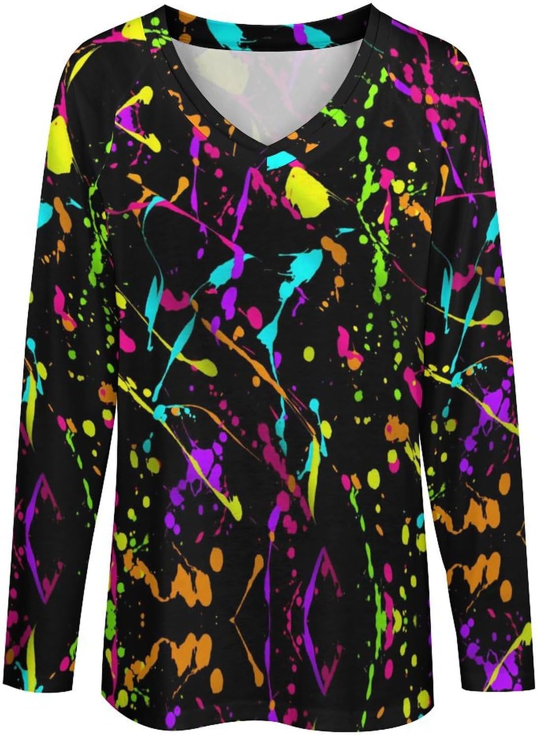 Glow in Dark Splatter Neon Women's Long Sleeve Shirt Tops Loose V-Neck Tees Blouses Pullover T-Shirt - Image 4