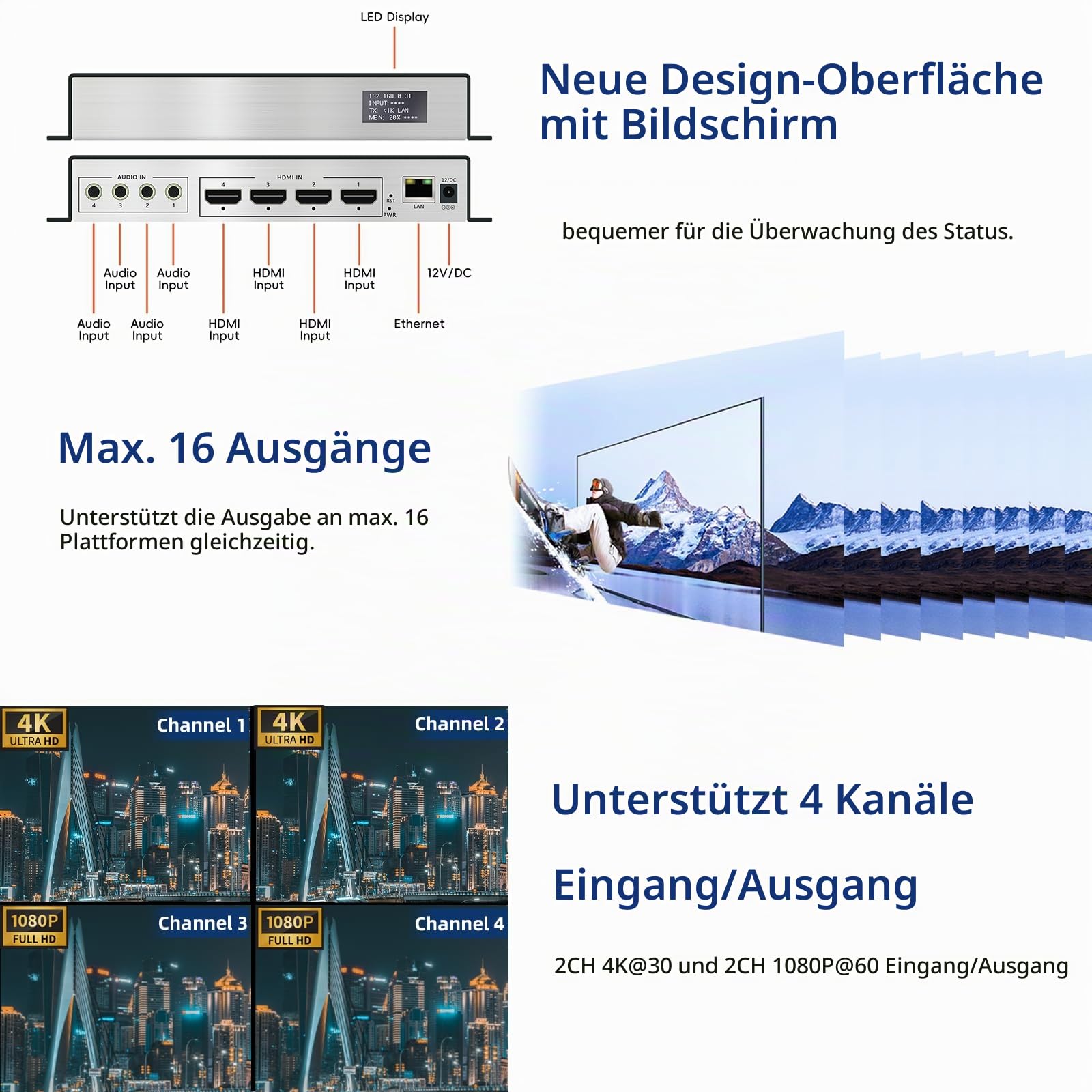 4 Kanal 4K H.265 264 MJPEG HDMI Video Encoder mit Bildschirm, max 16 Ausgängen, zusätzlichem Audio HTTP RTSP RTMP RTMPS SRT UDP RTP Video-Encoder für Live Facebook YouTube Twitch