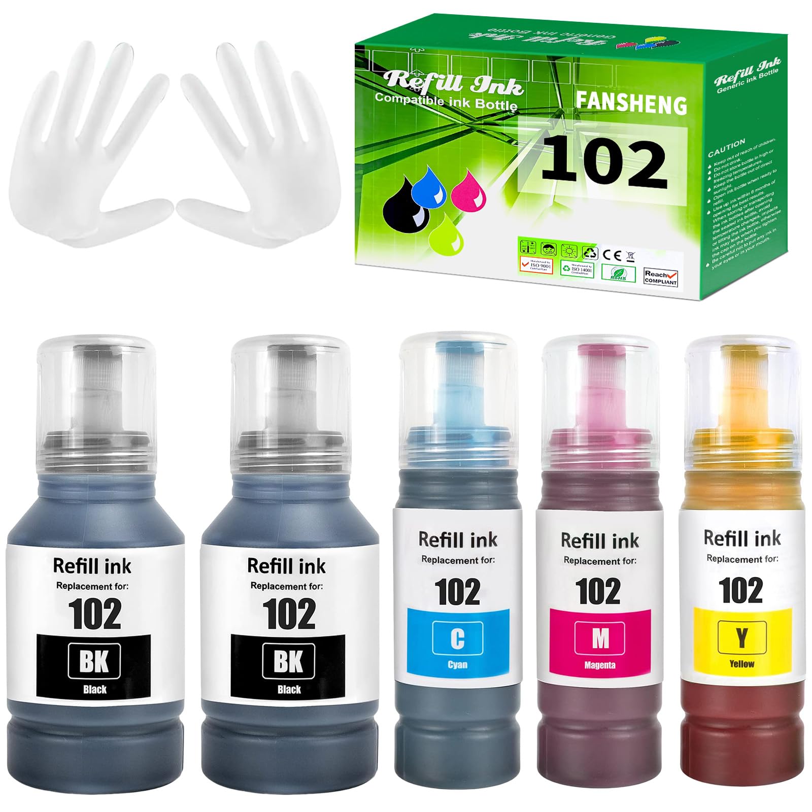 102 Inchiostro Compatibile con Epson 102 Flaconi di Inchiostro per Ecotank ET-2750 ET-4750 ET-4850 ET-3850 ET-2756 ET-2751 ET-2850 ET-2856 ET-3700 ET-3750 ET-4856 ET-15000 (5 Pack 2BK/C/M/Y)