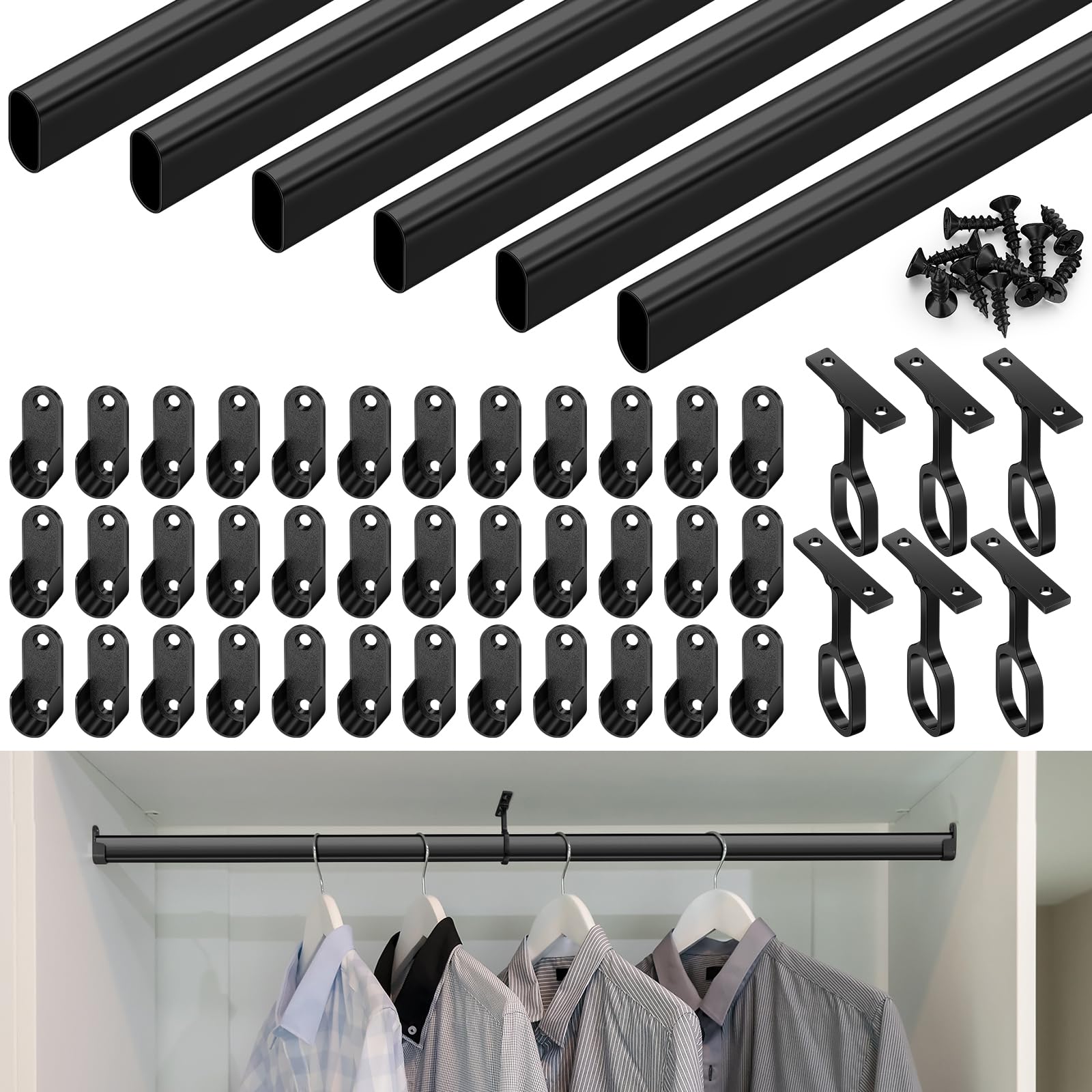 Photo 1 of Tandefio Chrome Closet Rod 92 Inch with Oval Closet Rod 6 End Supports for Laundry Room Hanging Clothes Waterproof Shower for Curtains(Black,6 Sets)