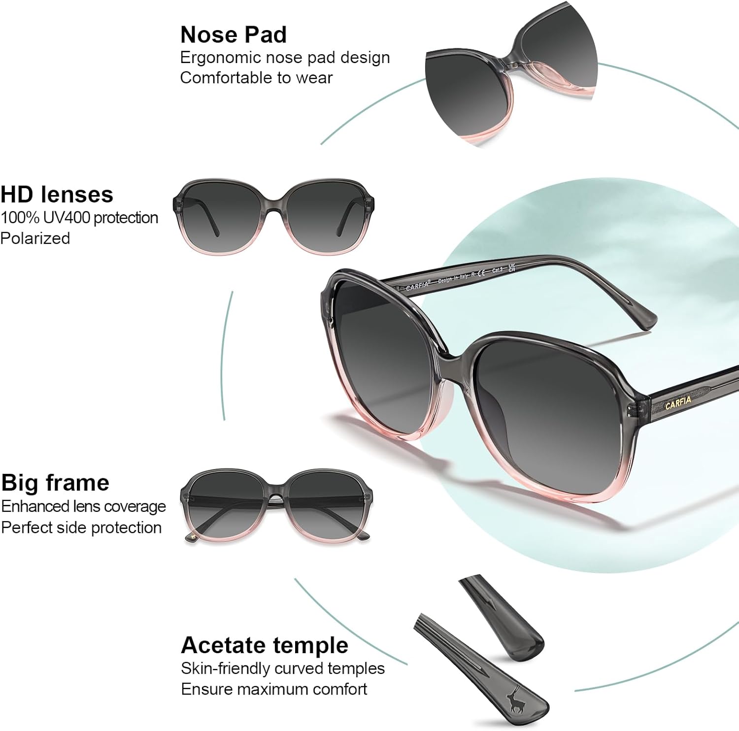 CARFIA Acetate Oversized Square Polarized Sunglasses for Women UV Protection Retro Trendy Big Shades - Image 4