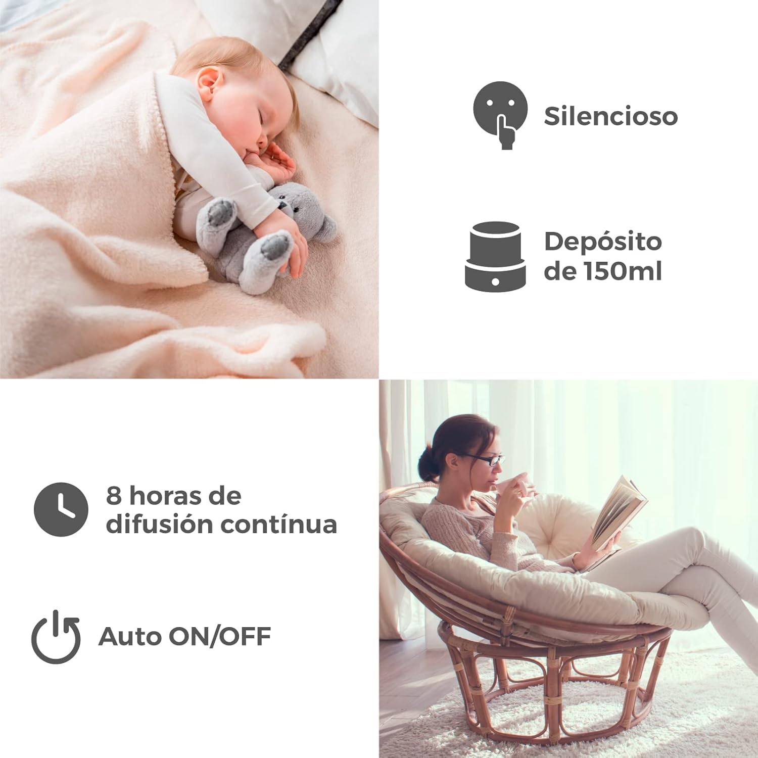 Umidificatore di essenza e diffusore di aromi con luce LED ambrata Profumi + essenza 50 ml. A Scelta - Aromaterapia - Ideale per casa, ufficio e camera da letto (Lavanda)