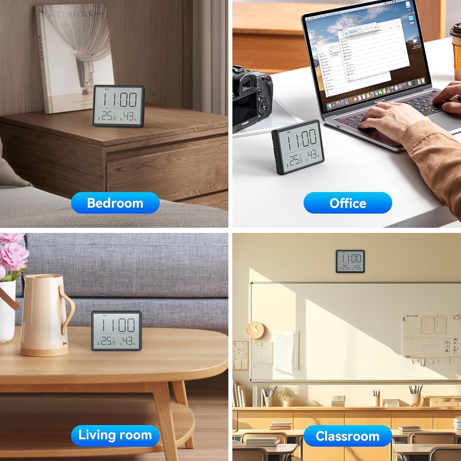 The Lancoon Digital Thermometer Hygrometer Alarm Clock showing a comparison between 12-hour (11:00 PM) and 24-hour (23:00) time formats, with temperature and humidity remaining constant.