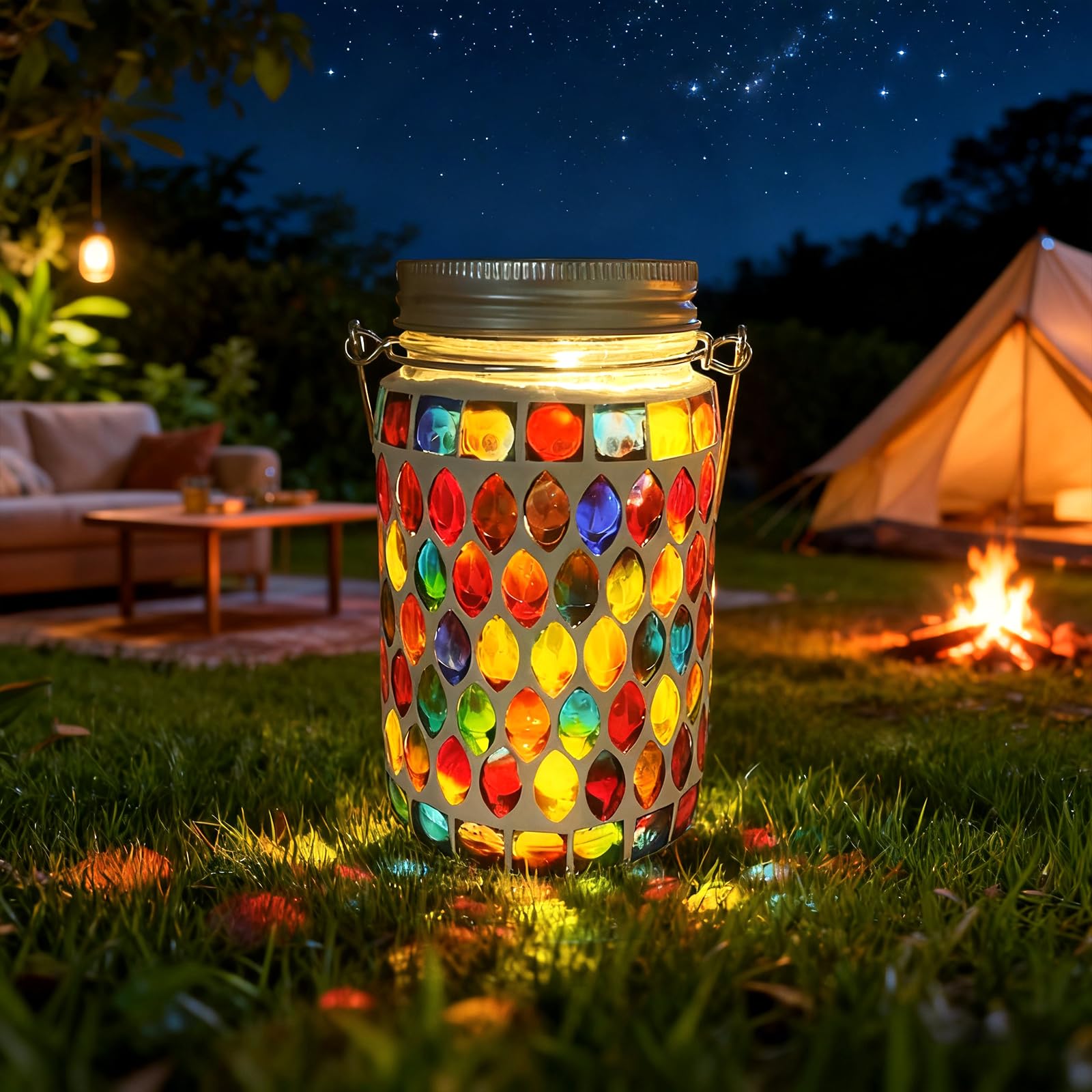 1PCS Oval Solar Mosaic Lights Outdoor, On/Off Glass Hanging Solar Mosaic Lanterns Lights IP65 Waterproof for Table Lawn Path Courtyard Deck Fence, Maple Mosaic Light — view 31