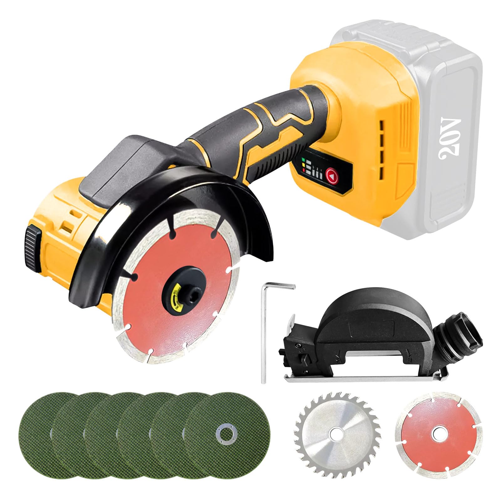 Bezszczotkowa akumulatorowa szlifierka kątowa kompatybilna z Dewalt 20 V, 500 W, 10 cm, mini szlifierka akumulatorowa z 9 ostrzami pił, 3 prędkości dla wydajnego szlifowania (bez baterii) (z płytą