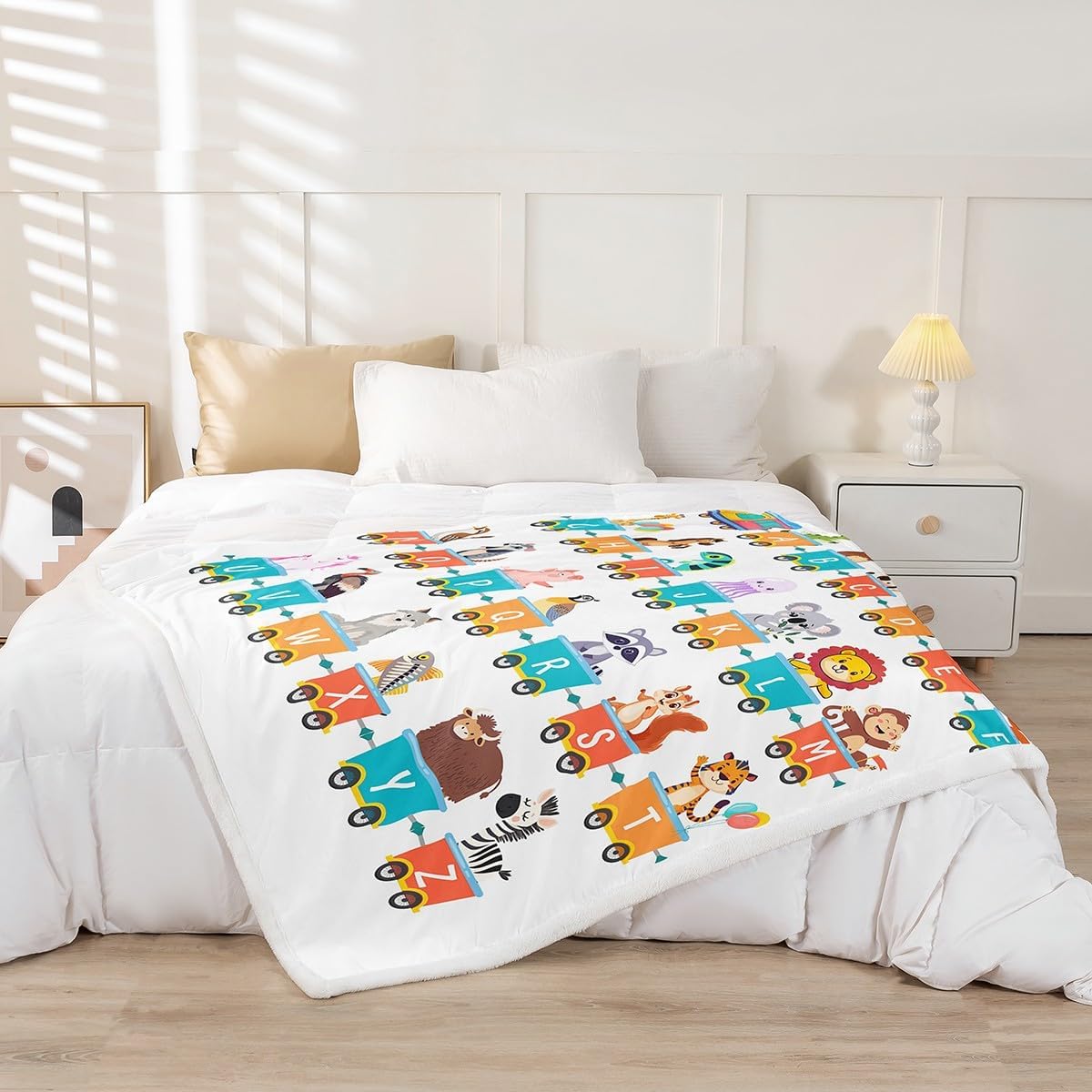 Alphabet Train Throw Blanket for Kids Room Decor Cute Animal English Alphabet Bed Blanket for Child Boys Girls,Multicolor Railway Carriage Fleece Blanket Wildlife Animals Crib Stroller Decor 60"x80"