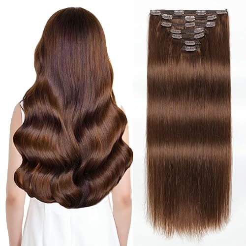 Extensiones de cabello humano real con broches, 20 pulgadas, 4.63 oz, 7 unidades, extensiones de cabello humano color marrón chocolate, extensiones