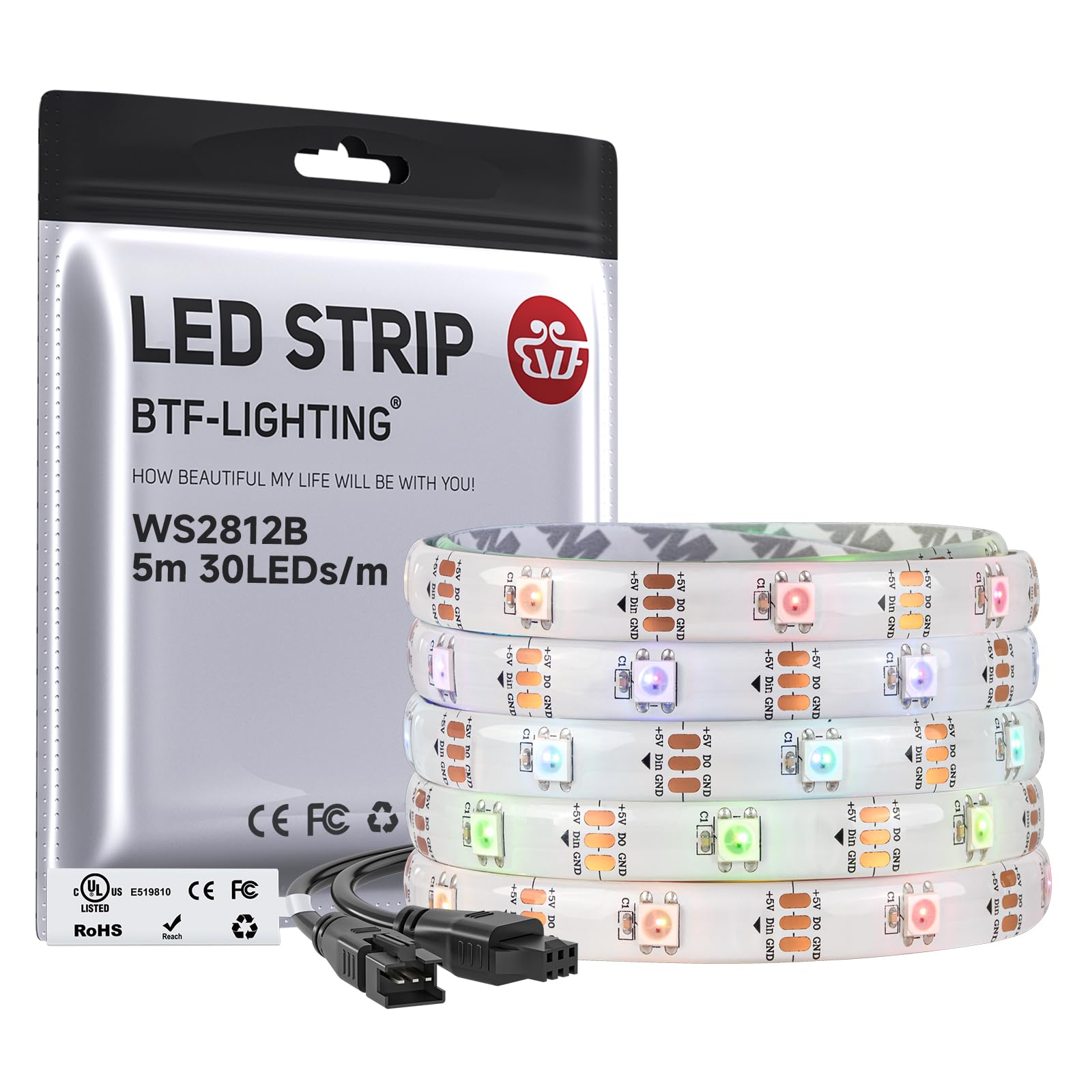 BTF-LIGHTING WS2812B IC RGB LED Strip,UL Listed,DC5V 16.4FT 150LED IP65