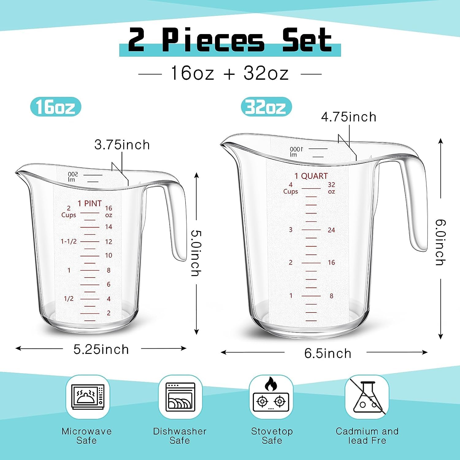 Vasos medidores de plástico, 2 vasos líquidos con boquilla en forma de V y mango, jarras medidoras para aceite líquido, harina de vinagre, 16 onzas, 32 onzas