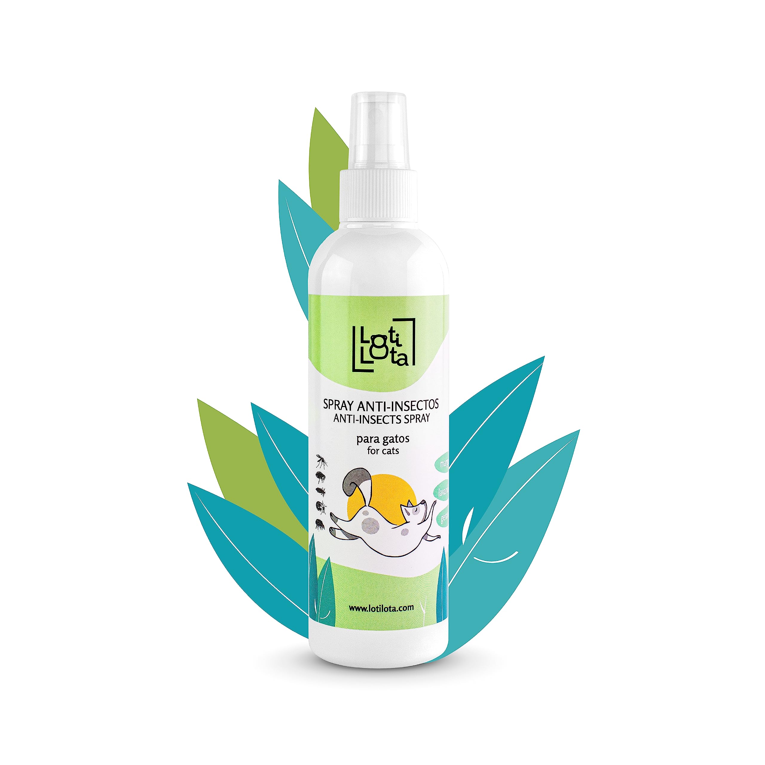 LOTI LOTA Spray Anti-Insectos para GATOS - 250 ml - Máxima Protección frente a todo tipo de Insectos -Activos 100% naturales: margosa, geraniol y lavandino - Transparente