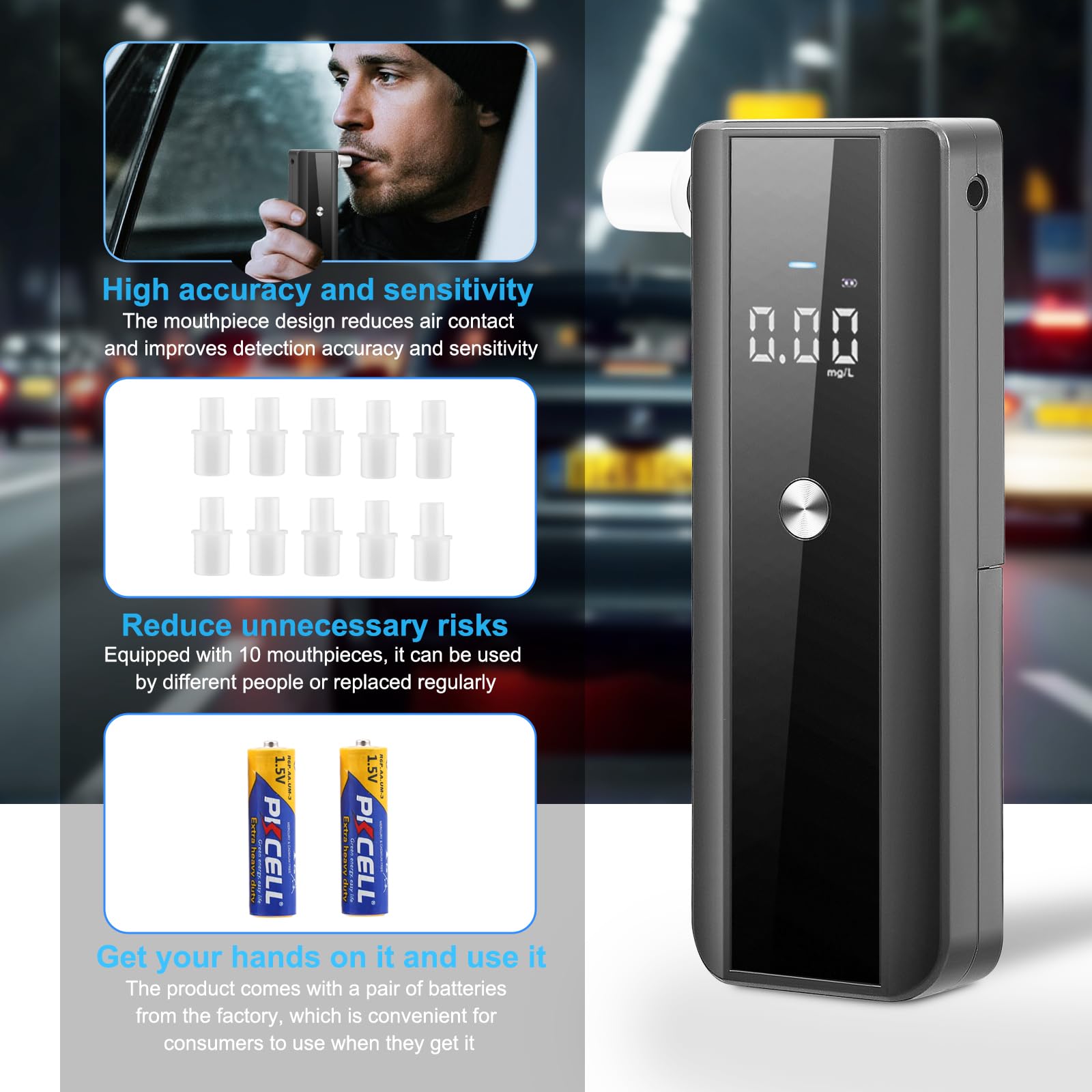 Alcoholímetro Profesional, Detector de Alcohol en el Aliento de Alta Precisión 0.01% BAC, Portátil con Pantalla LCD Digital e Incluye 10 Boquillas Desechables