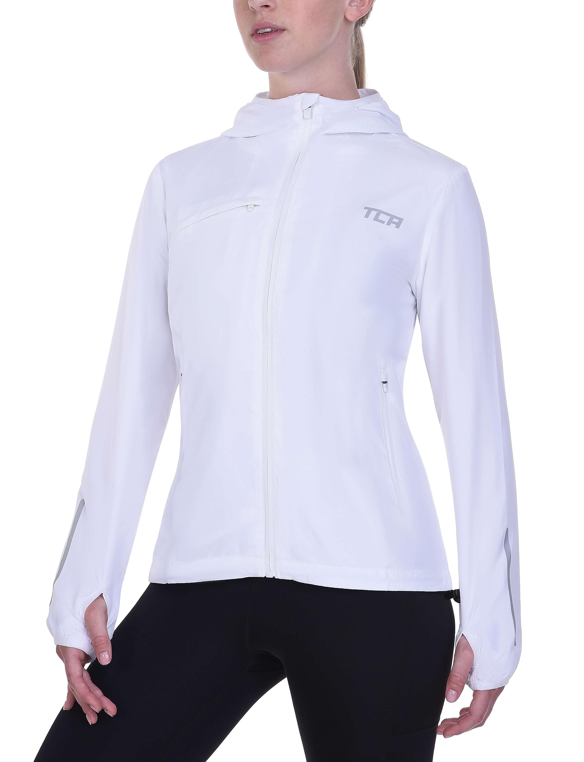 Tca Women's White Running Softshell Jacket. Reflective Breathable Packable Jacket With Zip Pockets - Xs