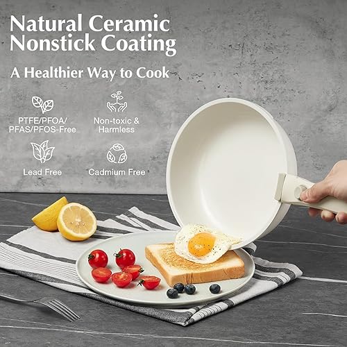 Miniatura 4 de Juego de utensilios de cocina de cerámica antiadherente blanca, juego de 5 piezas con asas desmontables, perfecto para cocinar todos los días,