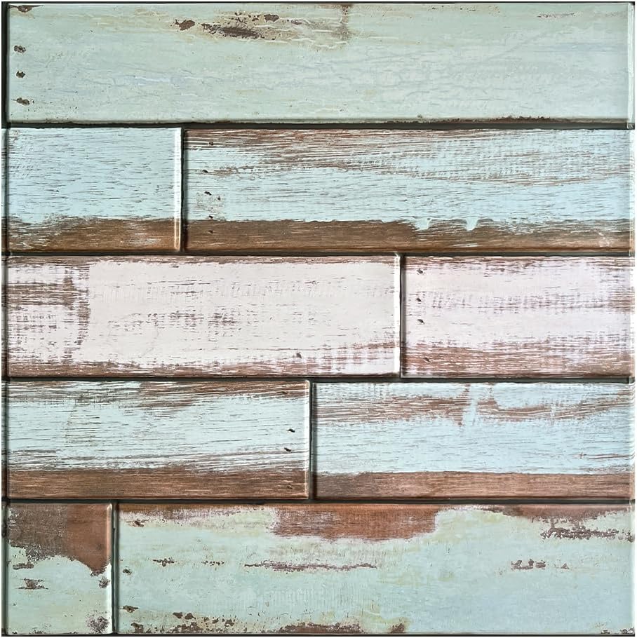 COMSTICKC Peel and Stick Shiplap Faux Wood Wall Sticker, 10 Pcs of 12" x 12", Ultra-Light Thin PVC 3D Fake Wood Self-Adhesive Wall Covering Panels for Interior Farmhouse Decor