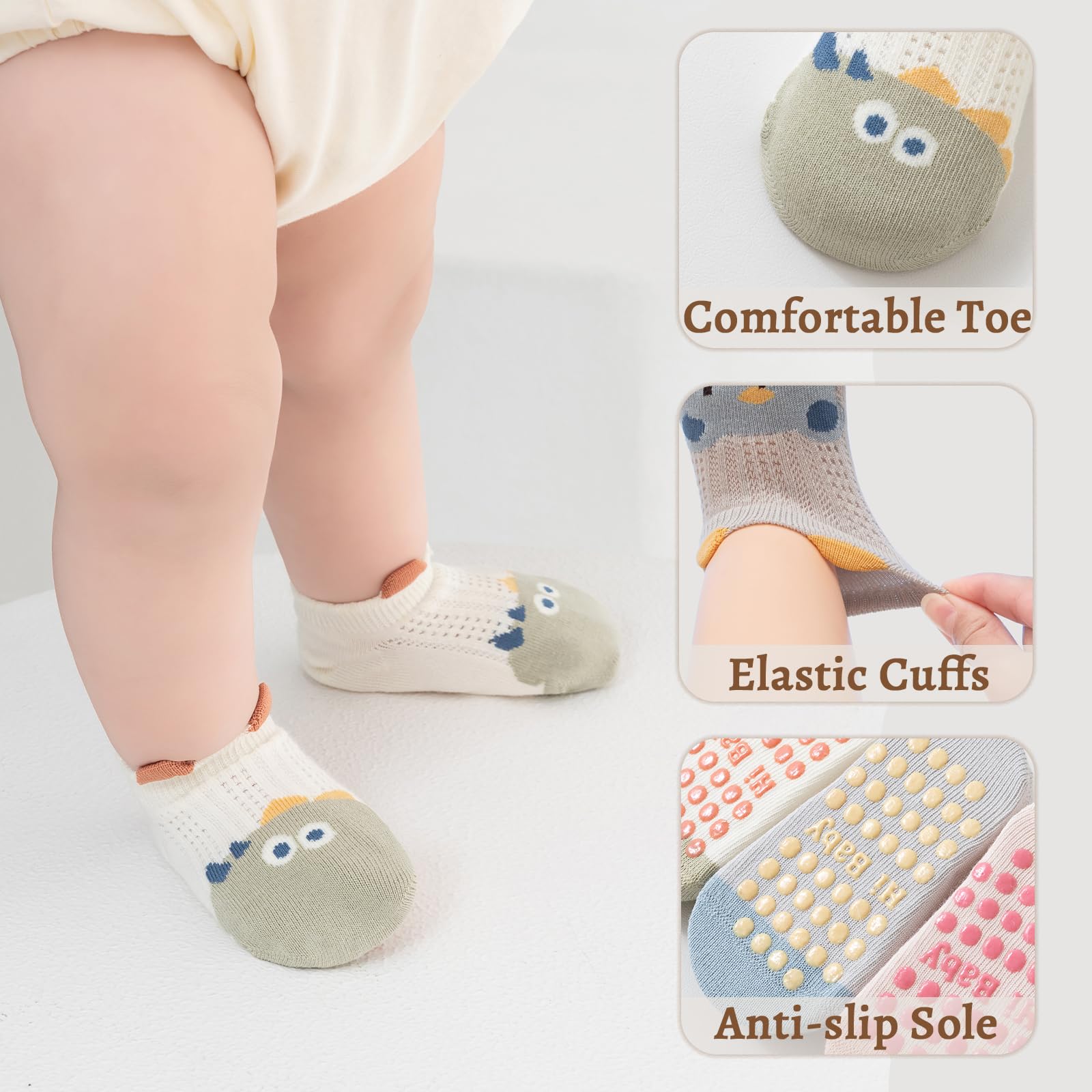 Baby Non-slip Ankle Socks with Grip, Cotton, Breathable, for Babies, Boys, Girls, 5 Pairs of Multicoloured — view 4
