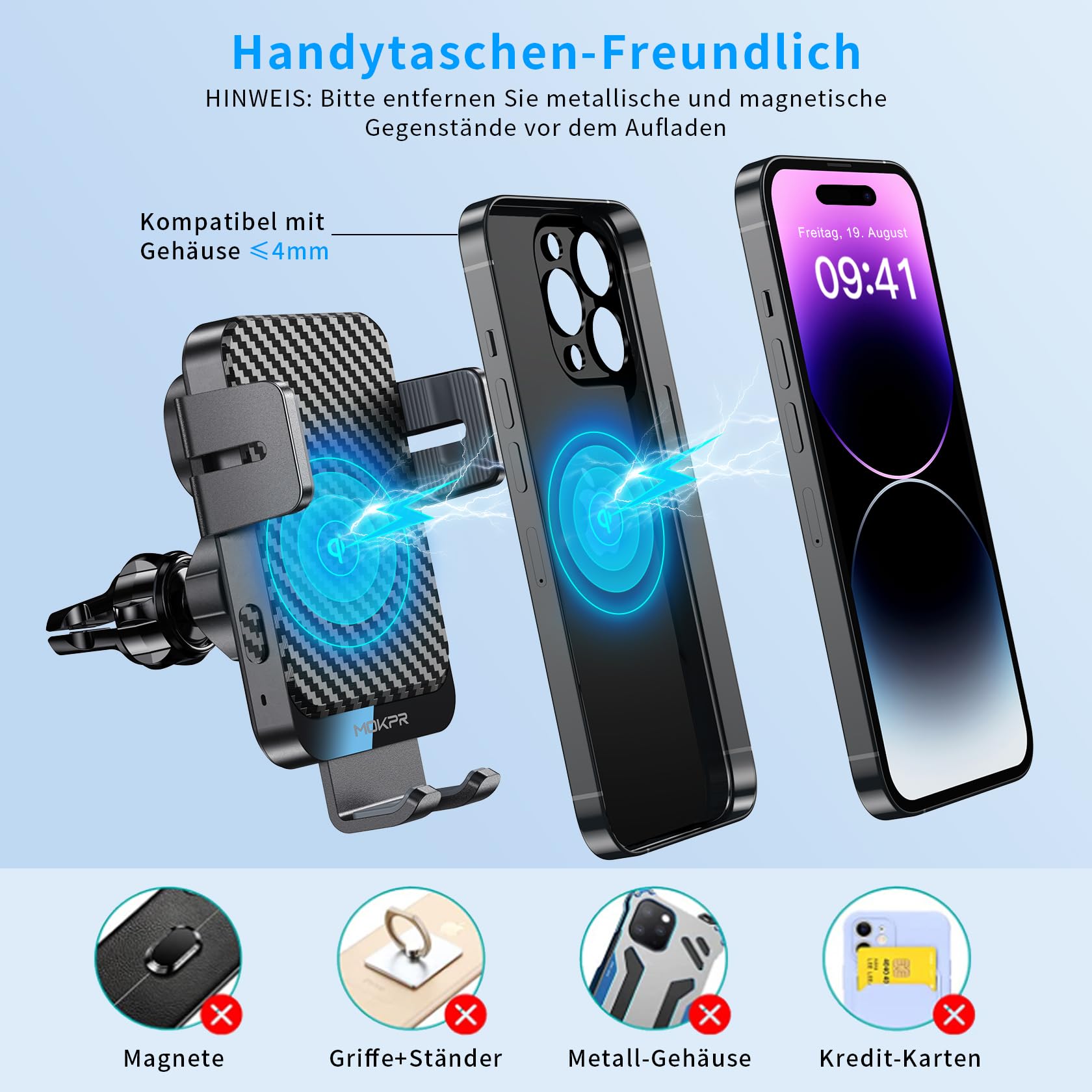 MOKPR 15 W Caricatore Ricarica Wireless Auto, Supporto Cellulare Auto Wireless con Auto-Bloccaggio con Clip per Prese d'aria/Pannello Strumenti per iPhone 16/15/14/13/12, Samsung Huawei Xiaomi