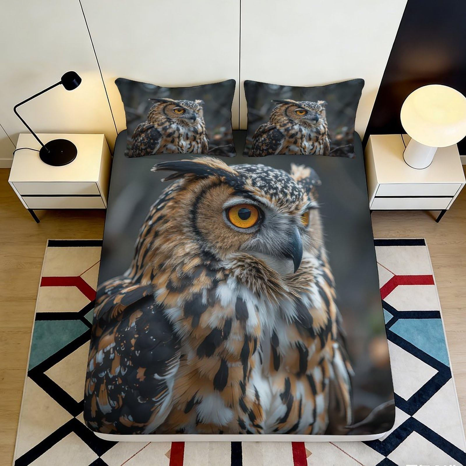 3D Printed Owl Forest Fitted Sheet Microfiber Soft Decor Bedroom Animal Pattern Mattress Cover for Home Dorm 180x200x25cm