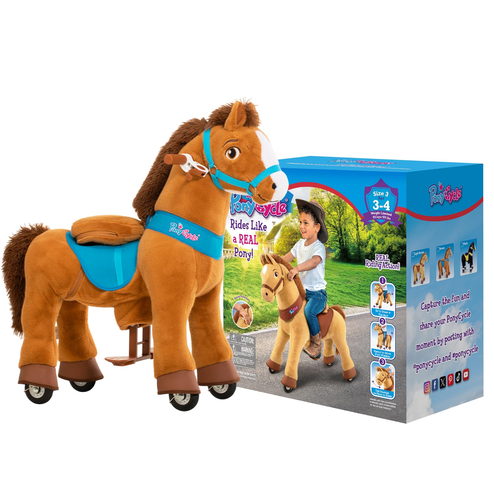 PonyCycle Essenziale Modello E Cavallo Cavalcabile per Bambini con Ruote Pony Cavalcabile per Bambini (con Freno/Taglia 3 per 3-4 Anni) Peluche Cavallo Marrone Chiaro - E337