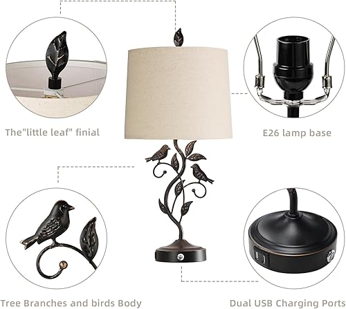 Miniatura 7 de Lámparas de mesa táctiles de granja de 27 pulgadas para sala de estar con 3 vías regulables 2 puertos USB, lámpara de mesita de noche de hojas de