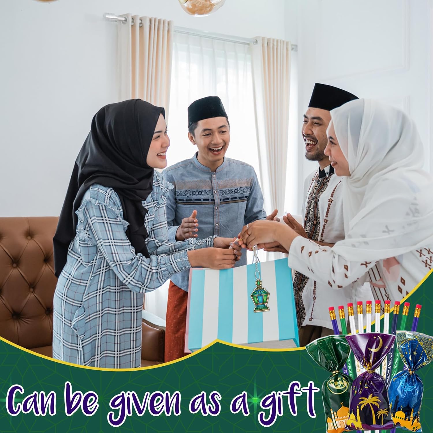 BreezeHug 141 Pcs Ramadan Mubarak Gifts Includes Ramadan Pencils Silicone Wristbands Islamic Stickers Eid Cellophane Gift Bag Colored Pencil Wooden Hanging Ornaments for Mubarak Party Gifts Supplies - Image 5