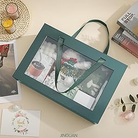 JINGUAN Large Green Clear Gift Box, 13.5x9x4.1 Inches Gift Box with Window by Handle, Bridesmaid Proposal Box, Collapsible Gift Boxes with Magnetic Closure (Glossy Green, 1 Pack)