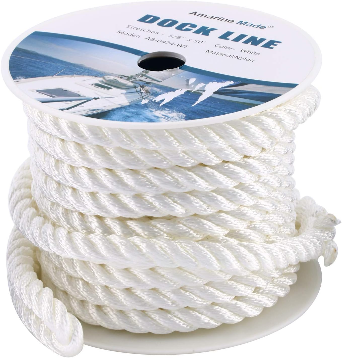 Amarine Made 5/8 inch 50 feet 3 Strand Twisted Nylon Rope Dockline Multipurpose Utility Line - Alkali and Weather Resistant - Crafts, Towing, Dock Line (White)