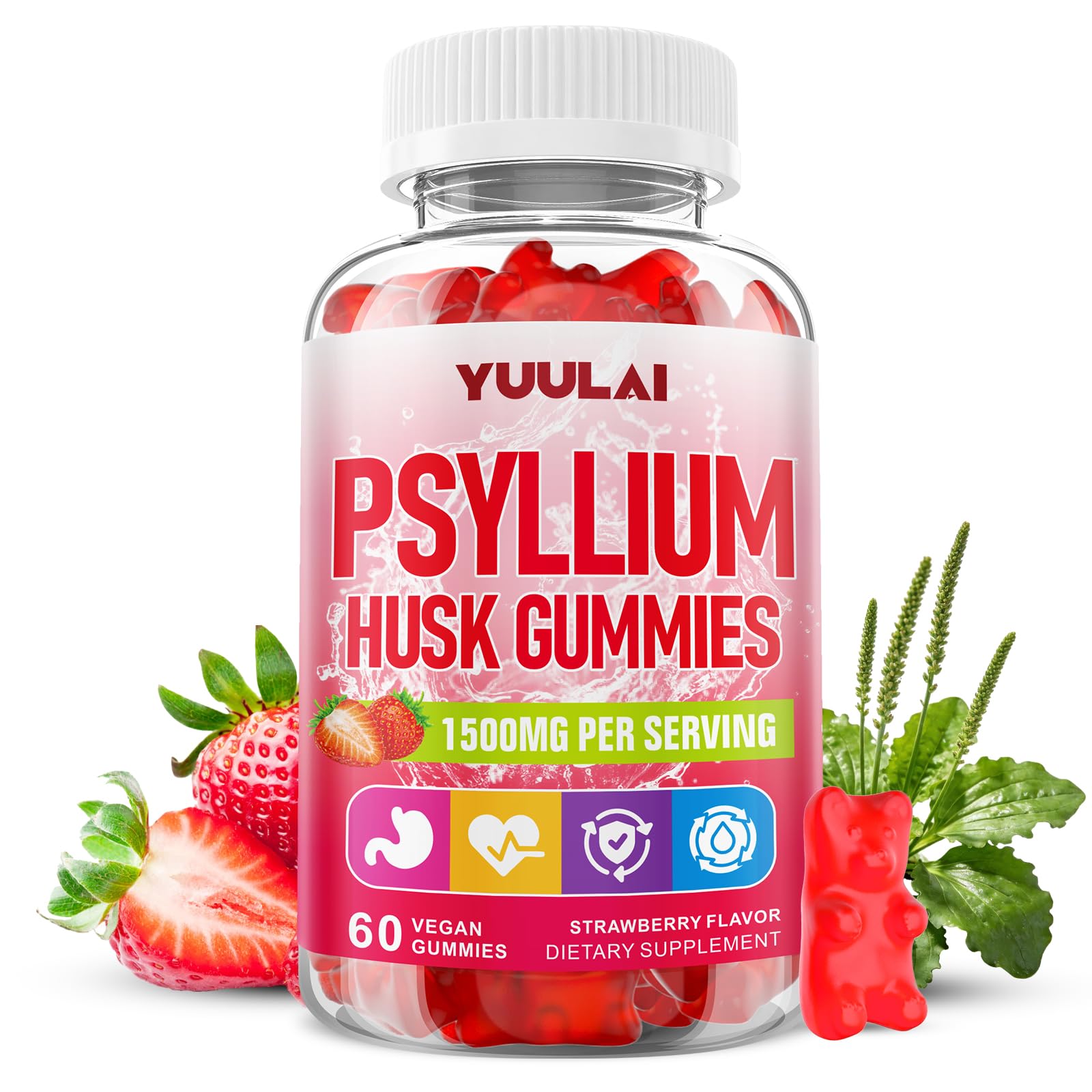 Psyllium Husk Gummies, Psyllium Husk Fiber Supplement, Vegan, Sugar Free, 60 Count