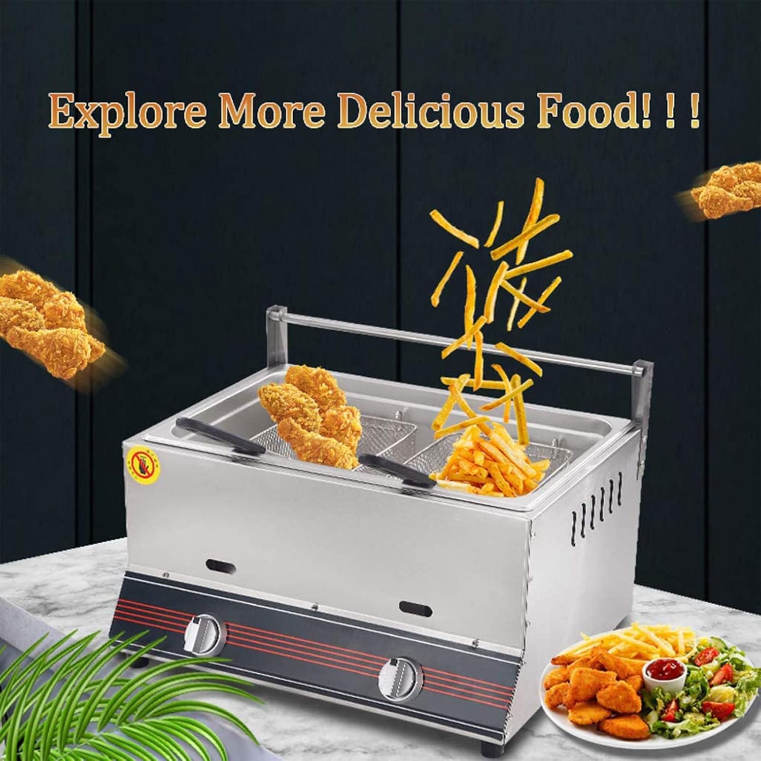 Commercial Deep Fryer, 12L Double Cylinder Gas Fryer, Adjustable Firepower, Detachable LPG Fryer, Suitable for Restaurants, Snack Streets